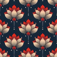 Seamless floral pattern with stylized lotus flowers in beige and red on dark blue background. Elegant oriental motif with dotted details creates continuous repeat.