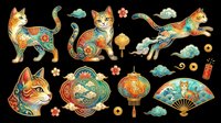 Ornate cats with floral patterns, lantern, fan, and coins in traditional style, isolated on transparent background. Great for stickers, t-shirt design, print on demand.