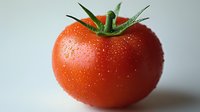 Fresh ripe tomato with water drops and green stem on light background, macro photography showing natural texture and vibrant color. Suitable for food marketing.