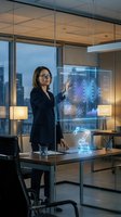 Professional businesswoman presenting holographic data analytics in modern office with futuristic technology interface for corporate presentations.