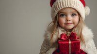 Young blonde girl wearing knitted winter hat holding red Christmas gift box with golden ribbon bow against neutral background for holiday greeting cards.