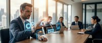 Middle-aged Caucasian businessman using holographic digital technology interface in modern conference room with colleagues during corporate meeting.