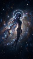 Cosmic goddess silhouette with flowing nebula hair against starry space background. Celestial woman figure surrounded by glowing halo and galaxy elements.