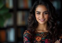Young woman with long dark curly hair and bright smile wearing colorful floral pattern top against blurred bookshelf background, natural lighting portrait.