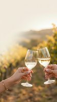 Two hands toasting with white wine glasses in vineyard during golden hour sunset with blurred autumn landscape background for celebration concepts.