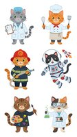 Cartoon cats in various professions including doctor, chef, firefighter, astronaut, artist, and scientist, isolated on white background for design use.