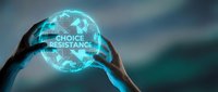 Hands protecting glowing digital globe with choice resistance text, symbolizing global decision-making and protective leadership in business technology.