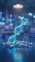 Glowing DNA double helix structure with medical vials and capsules in modern laboratory setting for genetic research and pharmaceutical development.