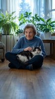 Senior Caucasian woman sitting cross-legged on wooden floor holding tabby cat in bright living room with houseplants and natural window light.