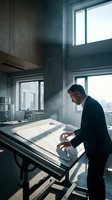 Professional architect man examining blueprints at drafting table in modern office with dramatic natural lighting and concrete interior design.