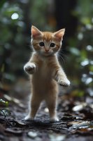 Adorable orange tabby kitten standing on hind legs with front paws raised in playful pose outdoors on natural ground with blurred green foliage background.