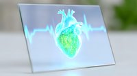 Glowing holographic heart with heartbeat pulse line on transparent display screen, futuristic medical visualization in blue and green colors.