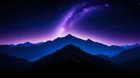 Majestic mountain silhouettes against vibrant purple night sky with glowing milky way and stars creating mystical atmospheric landscape for nature photography and wall art.