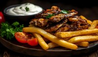 Grilled meat strips with golden french fries, fresh cherry tomatoes and creamy sauce on dark wooden plate. Restaurant quality food photography.