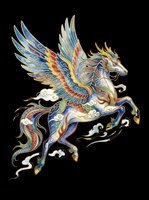 Ornate winged horse with Asian-inspired gold and blue patterns, isolated on transparent background. Great for t-shirts, stickers, print on demand, and sublimation.