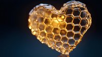 Golden honeycomb heart shape glowing on dark background, romantic symbol of natural love and sweetness, abstract geometric pattern with hexagonal cells.