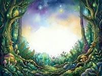 Enchanted forest gateway with glowing celestial sky, lush vegetation, and magical woodland entrance framing bright light, suitable for fantasy illustrations and mystical designs.