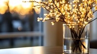 Glowing LED cherry blossom branches in clear glass vase on wooden table with soft bokeh background create cozy warm atmosphere for home decor and celebrations.