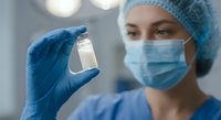 Female healthcare professional in surgical mask and cap examining vaccine vial in medical laboratory setting for immunization research and development.