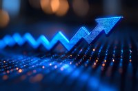 Glowing blue digital arrow chart showing upward trend on dark background with bokeh lights, representing financial growth and market success analysis.