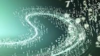 Glowing numbers and digits forming spiral pattern on mint green background. Digital data stream visualization represents mathematics and technology concepts.