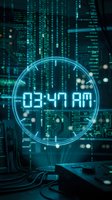 Digital clock displaying 03:47 AM with glowing cyan holographic interface against futuristic data matrix background for technology and time concepts.