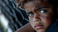 Young African child with striking blue eyes gazes intensely upward, showing strong emotion and determination against blurred background. Artistic portrait captures innocence and strength.
