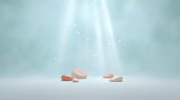 Pair of pink and white ballet pointe shoes on white surface with ethereal light rays and particles, suitable for dance studio decor and performance art projects.
