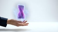 Modern DNA helix glowing in purple light hovering above open hand, representing genetic research, biotechnology innovation, and scientific discovery for medical and healthcare applications.