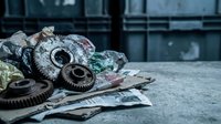 Old gas masks and protective equipment scattered on concrete floor in abandoned industrial building creating post-apocalyptic atmosphere.