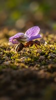 Ant carrying purple flower petal on mossy ground with warm sunlight and bokeh background creating magical nature scene for environmental concepts.