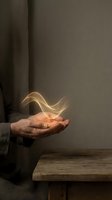 Hands cupping glowing golden light energy with flowing luminous waves above palms in warm atmospheric setting for spiritual and wellness concepts.