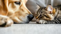 Close up portrait of golden retriever dog and tabby cat lying together nose to nose showing friendship between pets, soft focus emotional moment.