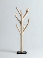 Minimalist wooden coat rack with natural branches design on white background isolated for home decor and organization solutions.