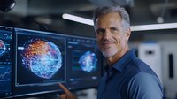 Mature Caucasian male scientist analyzing molecular data on multiple screens in modern laboratory setting, displaying confidence and expertise in scientific research.