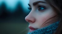 Young Caucasian woman in profile view with intense gaze against blurred teal background, wearing knitted scarf, hair strands floating in wind, moody atmospheric portrait.