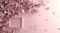 Pink cherry blossom branches with delicate petals falling around empty frame on pastel pink wall, creating romantic spring atmosphere for feminine design.