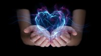 Hands holding glowing electric heart with blue and purple lightning energy effects on dark background for love and energy concepts.