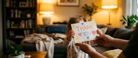 Young woman holding handmade thank you card with heart drawing in cozy living room with warm lighting and bookshelves for gratitude expression.
