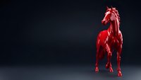 Red metallic horse sculpture standing on dark gradient background with dramatic lighting for luxury branding and modern art concepts.