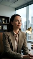 Professional woman with dark hair and light complexion, wearing beige blazer and white shirt, sitting in modern office with city skyline view, contemplative expression, suitable for corporate, business leadership, and professional development content.