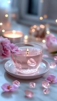 Glowing pink candle in glass teacup with crystals and delicate rose petals, creating romantic atmosphere against soft bokeh lights for spa and wellness.