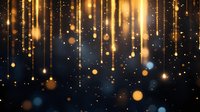 Magical golden light streams and bokeh effect on dark background create dreamy atmosphere for festive designs, holiday cards and celebrations.
