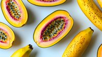 Fresh ripe papaya halves with seeds arranged in rows on light background, showing vibrant pink flesh and yellow skin, with whole papayas alongside.