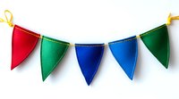 Colorful felt pennant banner with red, green and blue triangular flags on string, isolated on white background for party decoration and festive design.