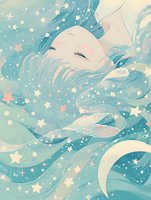 Dreamy feminine portrait with flowing turquoise hair surrounded by stars, moons and celestial elements in soft pastel colors against ethereal background.