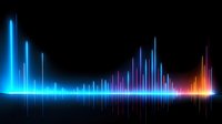 Vibrant audio spectrum visualization with glowing blue, purple and orange light bars on black background, creating dynamic sound wave pattern for music or voice.