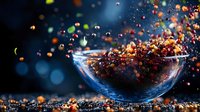 Colorful spices and seasonings exploding from glass bowl against dark background with dramatic lighting and bokeh effect, capturing dynamic food motion.
