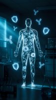 Holographic male figure displaying glowing immune system components including antibodies and shield symbols in futuristic laboratory setting, suitable for healthcare, medical research, immunology, and biotechnology presentations.
