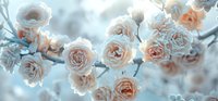 Delicate pale pink roses blooming on branches against a soft blue background, creating a dreamy romantic atmosphere for wedding or spring designs.